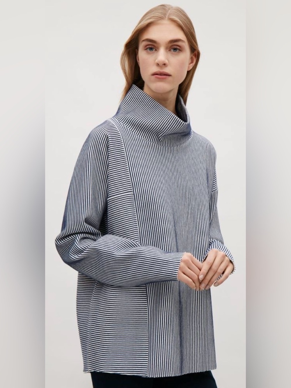 COS cozy cotton Navy/White Sailor Coastal Oversized Striped Cowl Neck Sweater, M